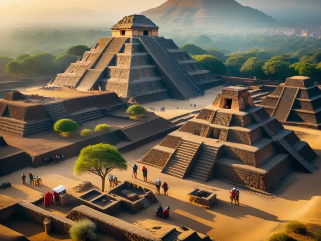 Equipo de arqueólogos excavando en la base de la Pirámide del Sol en Teotihuacán al atardecer, resaltando el origen y construcción de Teotihuacán