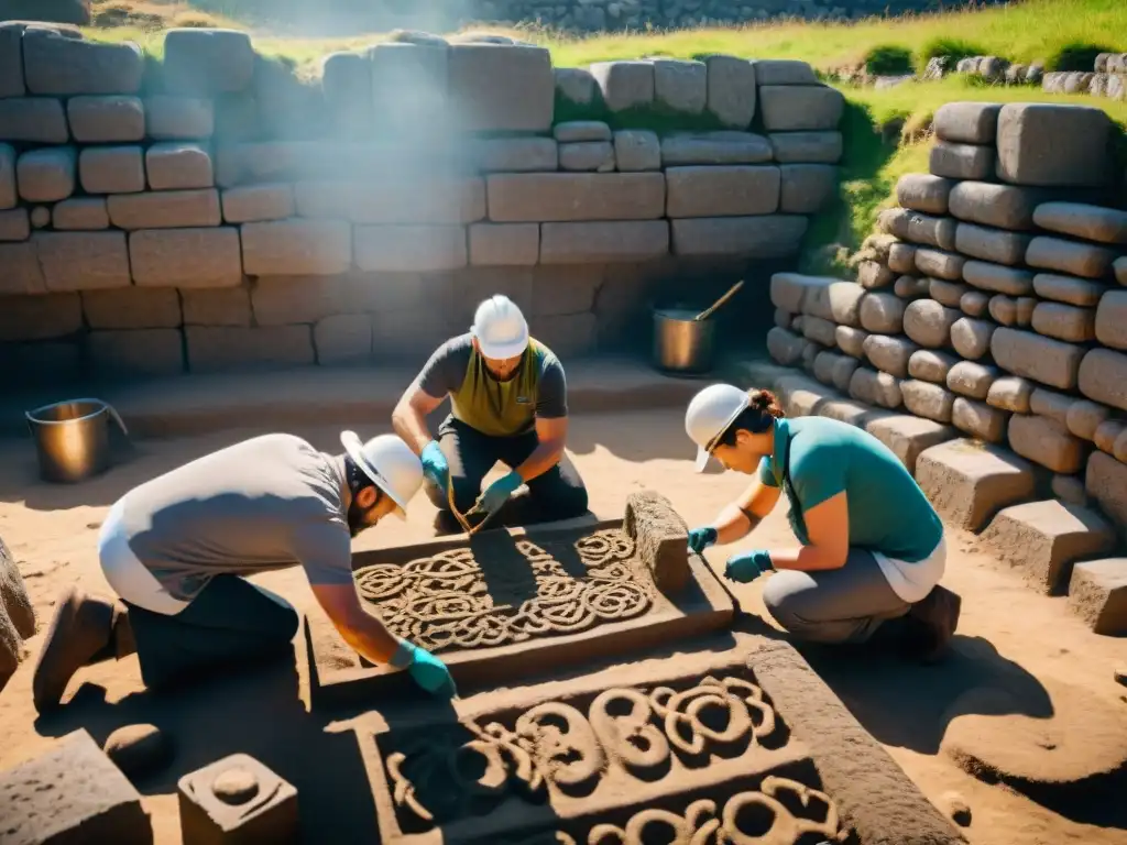 Equipo de arqueólogos restaurando un castro celta en Galicia con meticulosidad y tecnología avanzada, bajo la cálida luz del sol