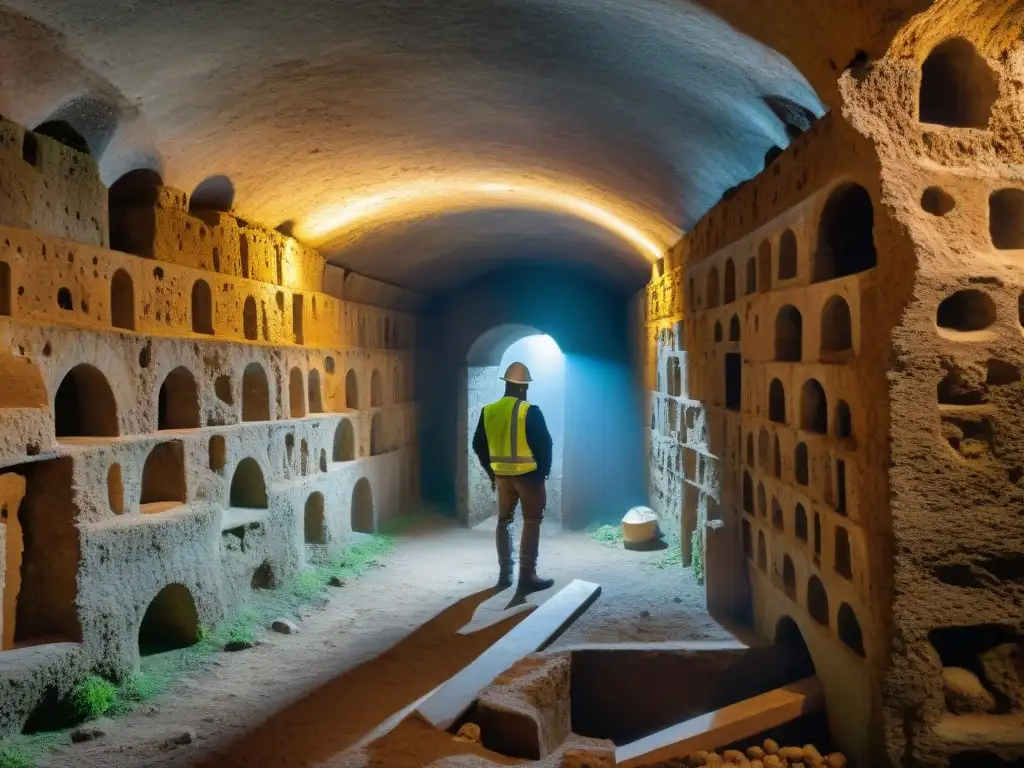 Un equipo de arqueólogos excavando las Catacumbas Romanas, iluminados por linternas en un ambiente lleno de misterio y maravilla