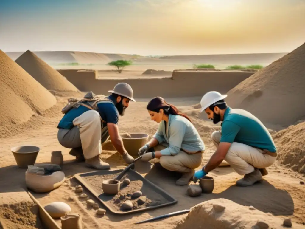 Equipo de arqueólogos excavando cerámica en Mesopotamia bajo el sol abrasador