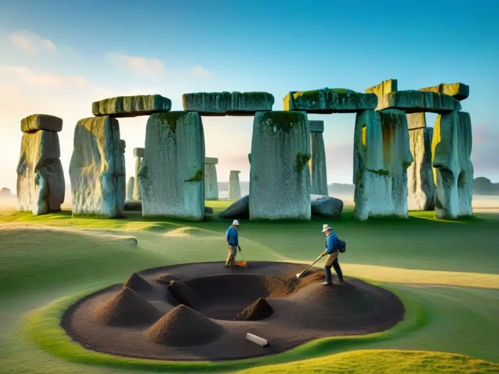 Equipo de arqueólogos excavando en Stonehenge bajo cielo azul