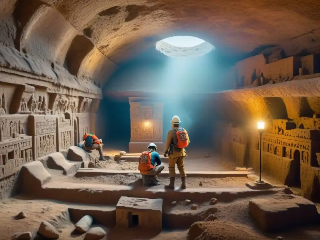Un equipo de arqueólogos descubriendo una ciudad subterránea antigua, con pasajes iluminados y artefactos antiguos