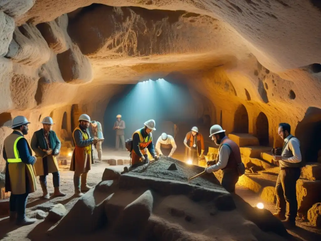 Equipo de arqueólogos descubriendo ciudad subterránea antigua en ambiente iluminado, revelando maravillas arqueológicas