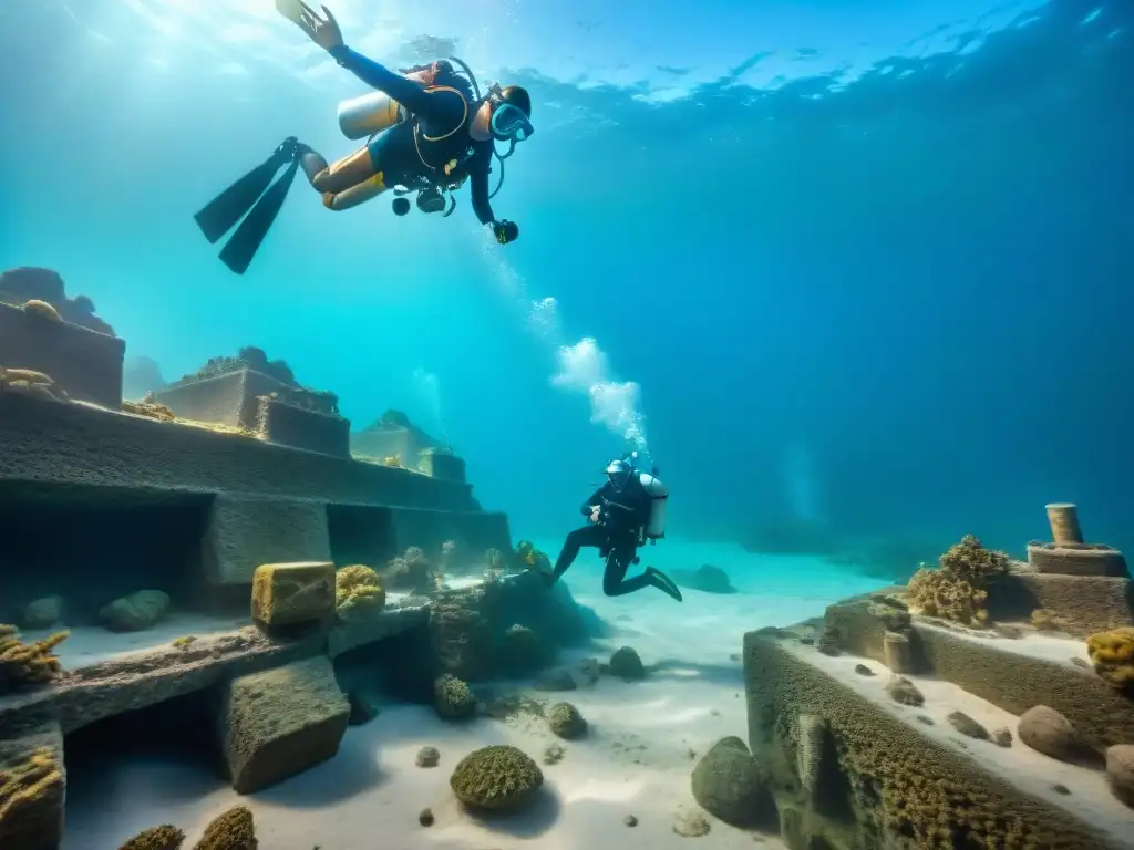 Equipo de arqueólogos excavando ciudad sumergida en búsqueda de pruebas artefactos Atlántida existencia