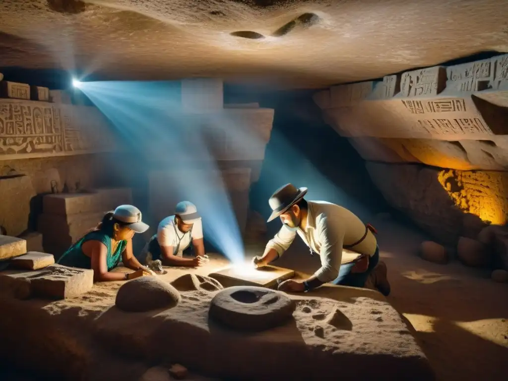 Excavación arqueológica maya: descubrimientos enigmáticos Un equipo de arqueólogos estudia civilizaciones antiguas con detalle en una cámara subterránea iluminada tenue