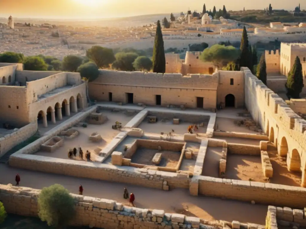Equipo de arqueólogos en Jerusalén reconstruyen civilizaciones antiguas con tecnología avanzada al atardecer