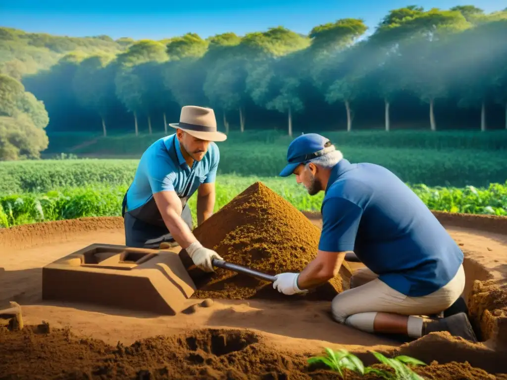 Equipo de arqueólogos preservando tecnológicamente civilizaciones antiguas entre ruinas y naturaleza