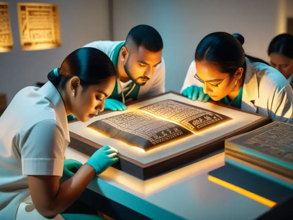 Equipo de arqueólogos examina detalladamente un códice maya en laboratorio