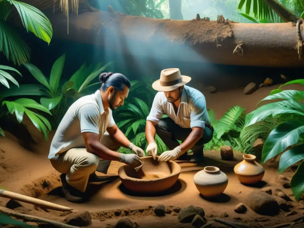 Un equipo de arqueólogos excava con cuidado un sitio funerario taíno en la selva, revelando el legado perdido taino de la cultura mesoamericana