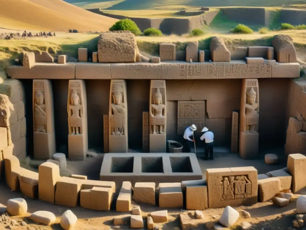 Equipo de arqueólogos restaurando detalladas esculturas en el Templo Gobekli Tepe, combina tecnología y artesanía antigua