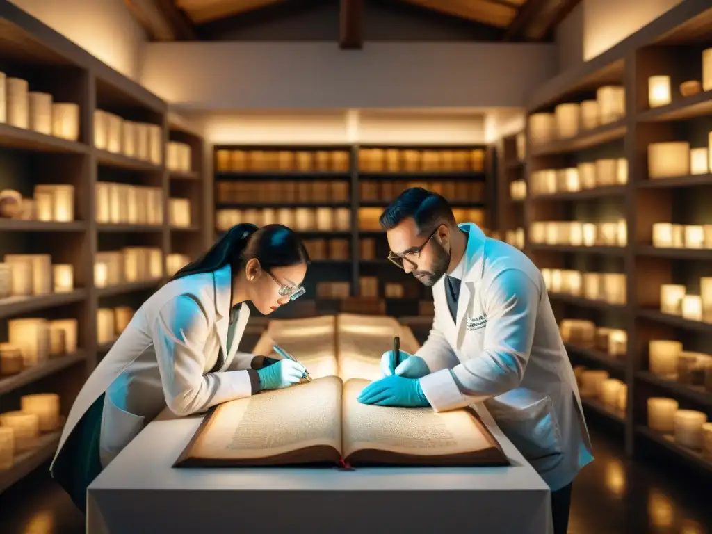 Arqueólogos exploran antiguos pergaminos en detalle Un equipo de arqueólogos estudia con detalle antiguos pergaminos en una habitación de investigación