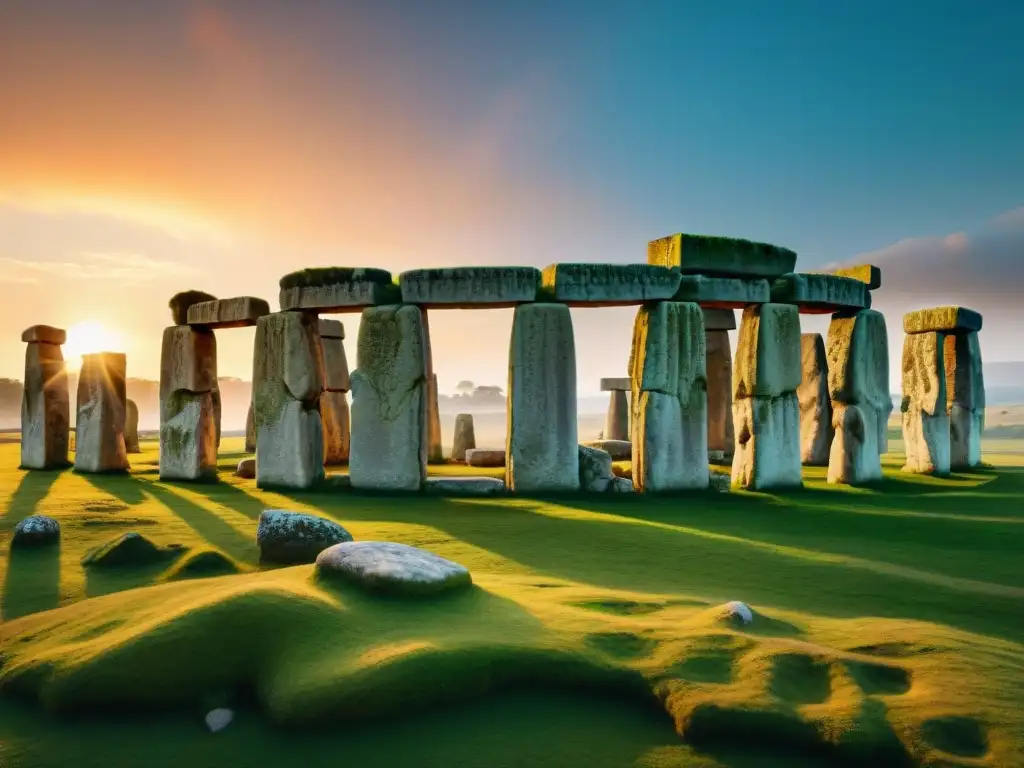 Equipo de arqueólogos realizando resurrección digital de Stonehenge, fusionando pasado y futuro en una escena detallada al atardecer