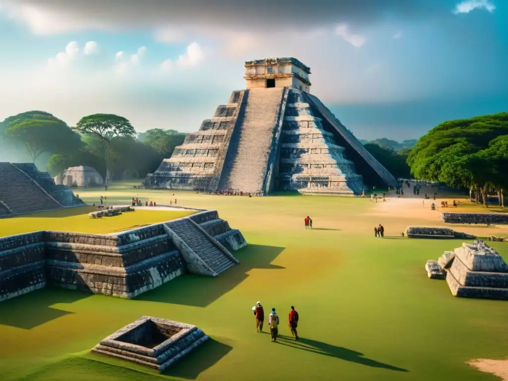 Equipo de arqueólogos excavando escultura maya en Chichén Itzá bajo el sol de Yucatán, historia de Chichén Itzá maya