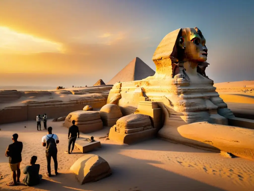 Equipo de arqueólogos restaurando la Esfinge al atardecer, resaltando la majestuosidad y misterios de la Esfinge de Giza