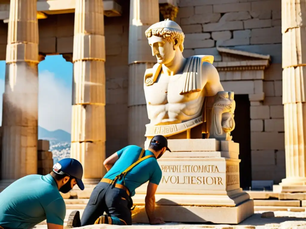 Equipo de arqueólogos restaurando estatua en la Acrópolis de Atenas bajo la luz cálida, Parthenon al fondo