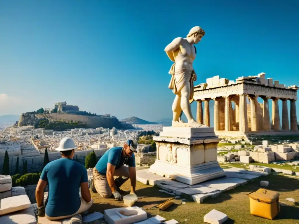 Equipo de arqueólogos restaurando estatuas antiguas en la Acrópolis de Atenas bajo el cielo azul