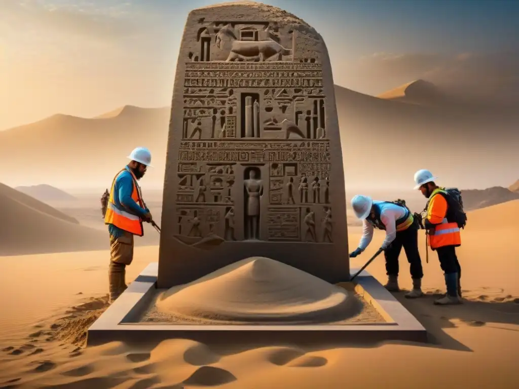 Equipo de arqueólogos descubriendo una estela misteriosa de Hammurabi en el desierto, revelando antiguas leyes