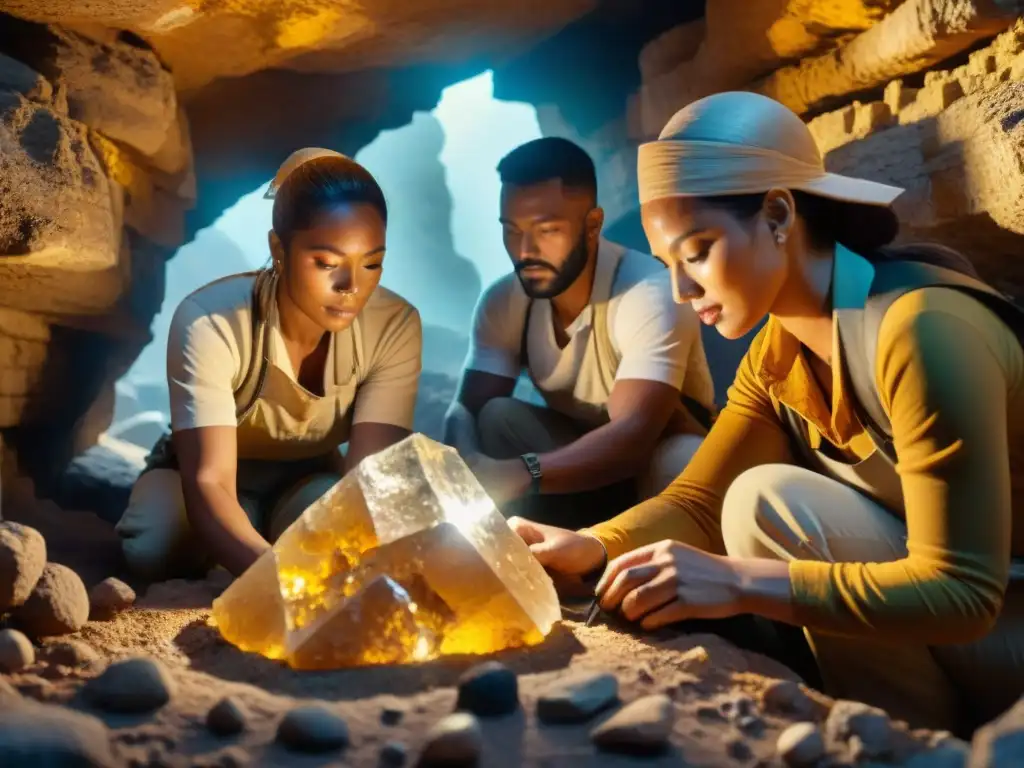 Equipo de arqueólogos descubriendo formación de citrino en ruinas antiguas: Piedra Citrino: Abundancia en Civilizaciones