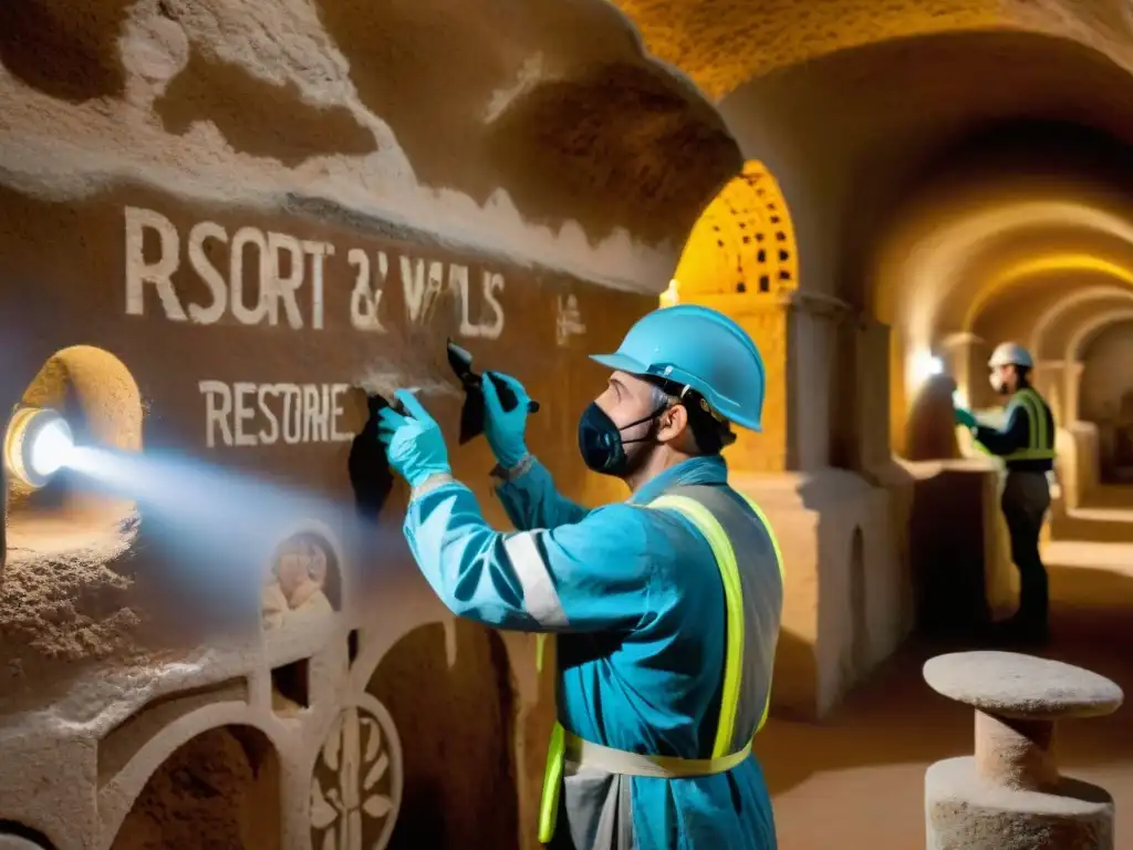 Equipo de arqueólogos restaurando frescos en las catacumbas romanas, revelando los Misterios de las Catacumbas Romanas