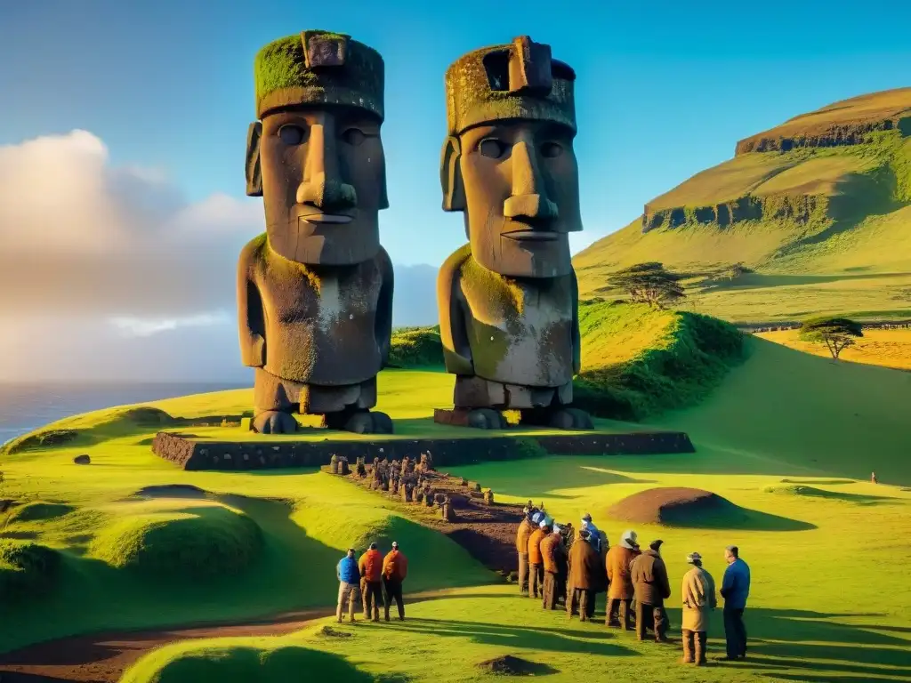 Equipo de arqueólogos excavando alrededor de un gigantesco moái en Isla Pascua, con detalles revelados por la luz dorada del atardecer