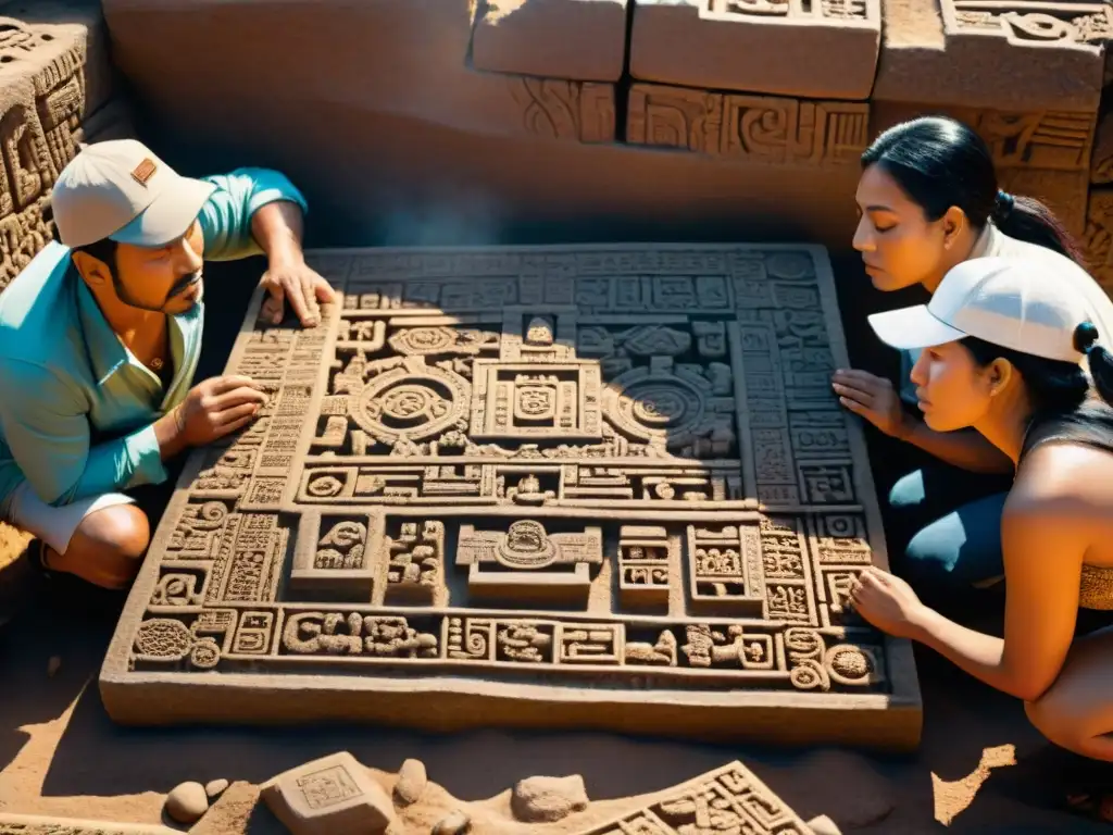 Equipo de arqueólogos excavando una gran piedra azteca tallada, iluminados por la luz dorada del atardecer