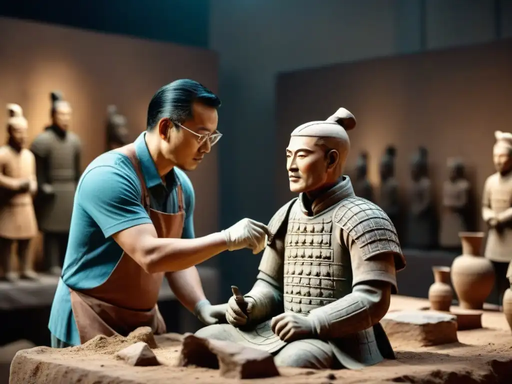 Equipo de arqueólogos restaurando guerrero de terracota en proyecto de preservación