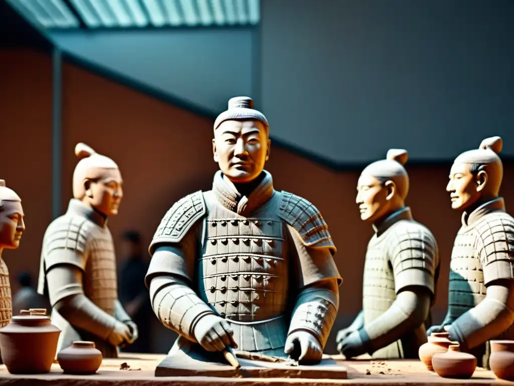 Equipo de arqueólogos restaurando detalladamente un guerrero de terracota en un taller lleno de herramientas y artefactos antiguos