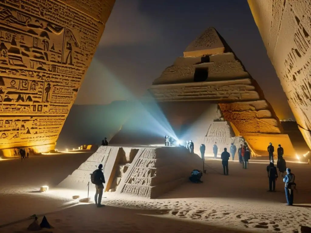 Equipo de arqueólogos examinando jeroglíficos en la Gran Pirámide de Giza, con equipos de audio avanzados captando ecos