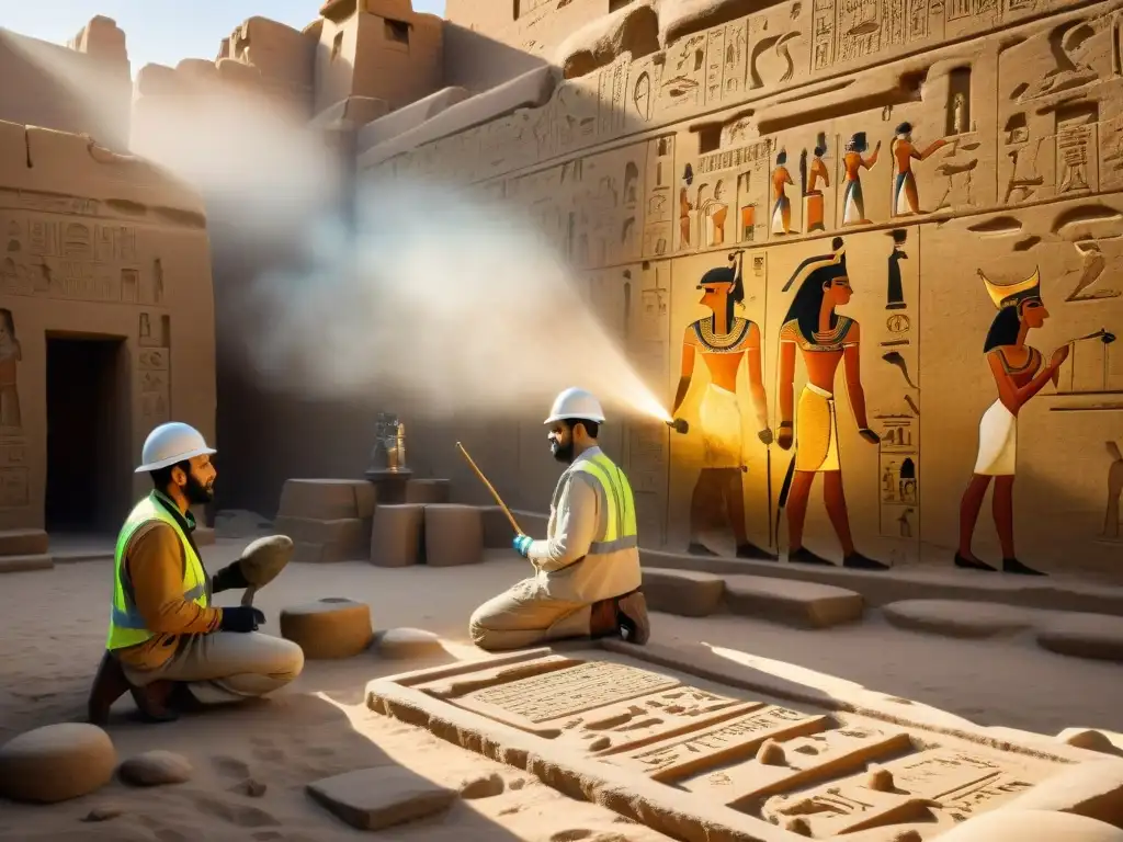 Equipo de arqueólogos restaurando jeroglíficos en el Templo de Karnak, con luz filtrándose entre el polvo en el aire