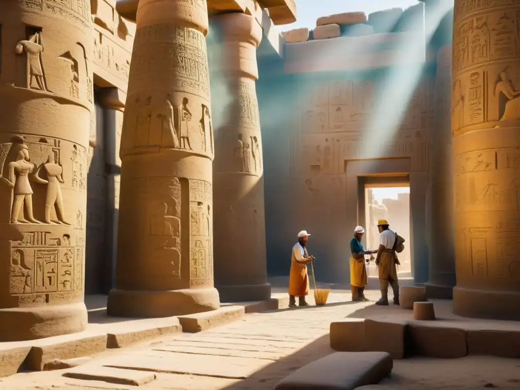 Equipo de arqueólogos restaurando jeroglíficos en el Templo de Karnak, mostrando dedicación y precisión en la labor