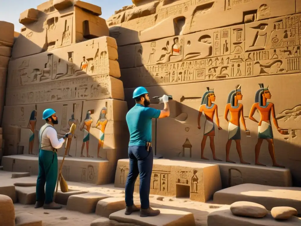 Equipo de arqueólogos restaurando jeroglíficos en el Templo de Karnak bajo el cálido sol egipcio