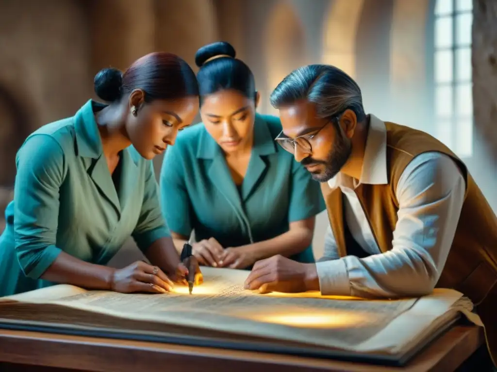 Arqueólogos digitalizan antiguo manuscrito Equipo de arqueólogos escaneando detalladamente un manuscrito antiguo en un laboratorio moderno