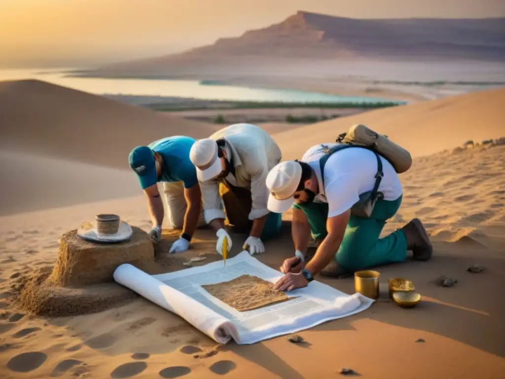 Equipo de arqueólogos examinando un manuscrito Copper Scroll Mar Muerto al atardecer