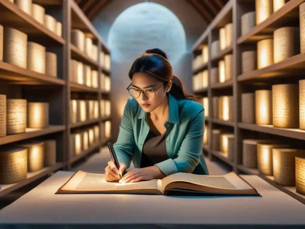 Un equipo de arqueólogos digitaliza manuscritos antiguos en una sala cavernosa iluminada débilmente