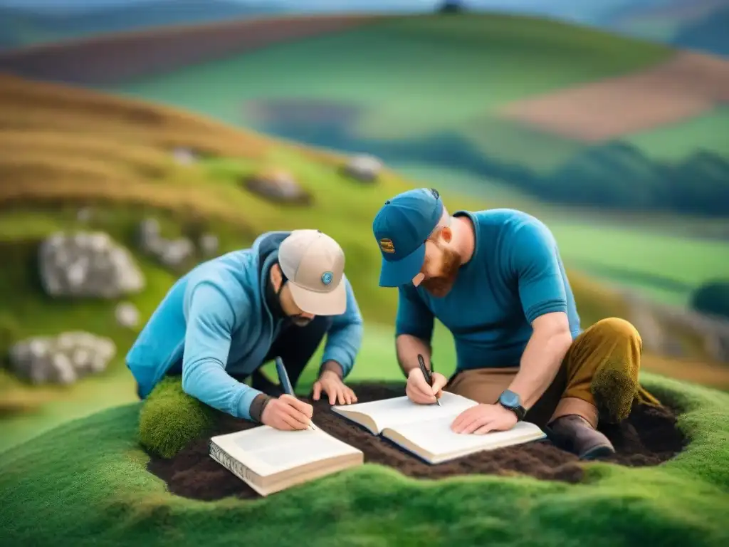 Excavación arqueológica de menhires celtas: misterios desvelados Equipo de arqueólogos decodificando menhires celtas antiguos entre colinas verdes y cielo azul