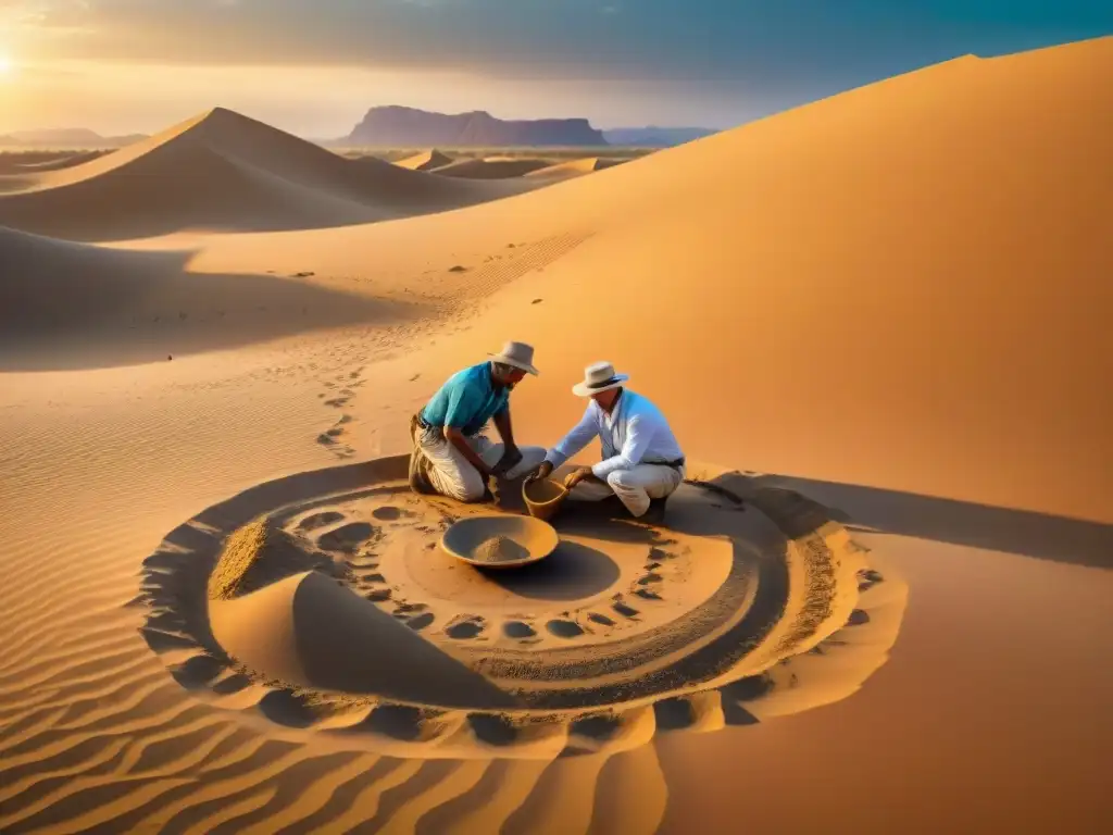 Equipo de arqueólogos excavando mercado antiguo en desierto