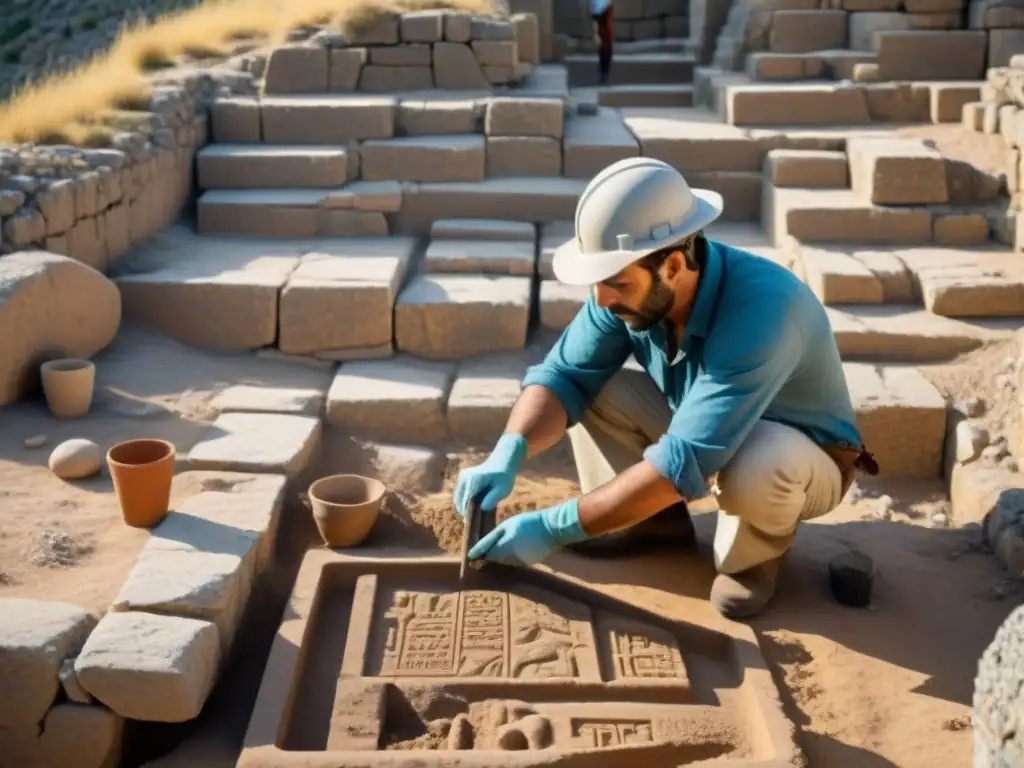 Un equipo de arqueólogos excavando en Micenas, Grecia, bajo el sol abrasador