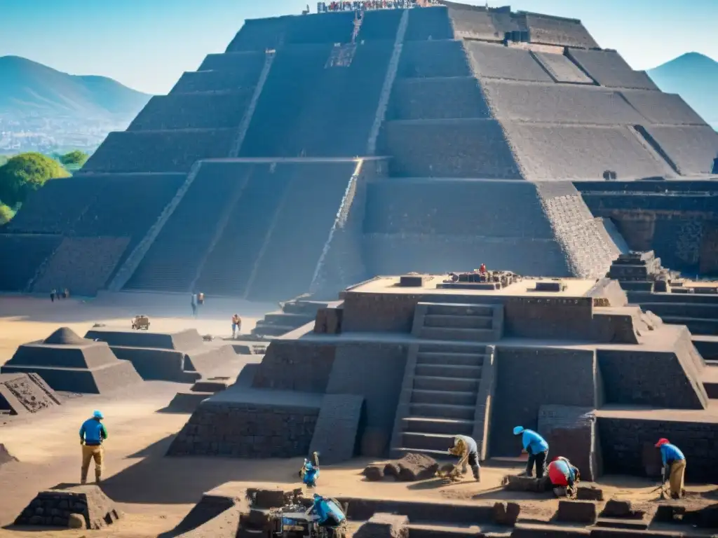 Equipo de arqueólogos restaurando misterios en Teotihuacán, con la Pirámide del Sol de fondo, bajo cielo azul