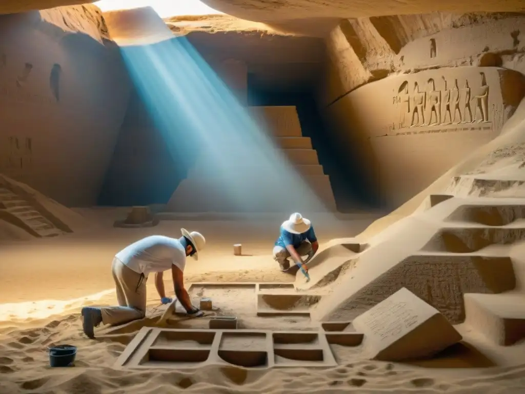 Equipo de arqueólogos descubriendo misterios en Saqqara, iluminados por la luz filtrada