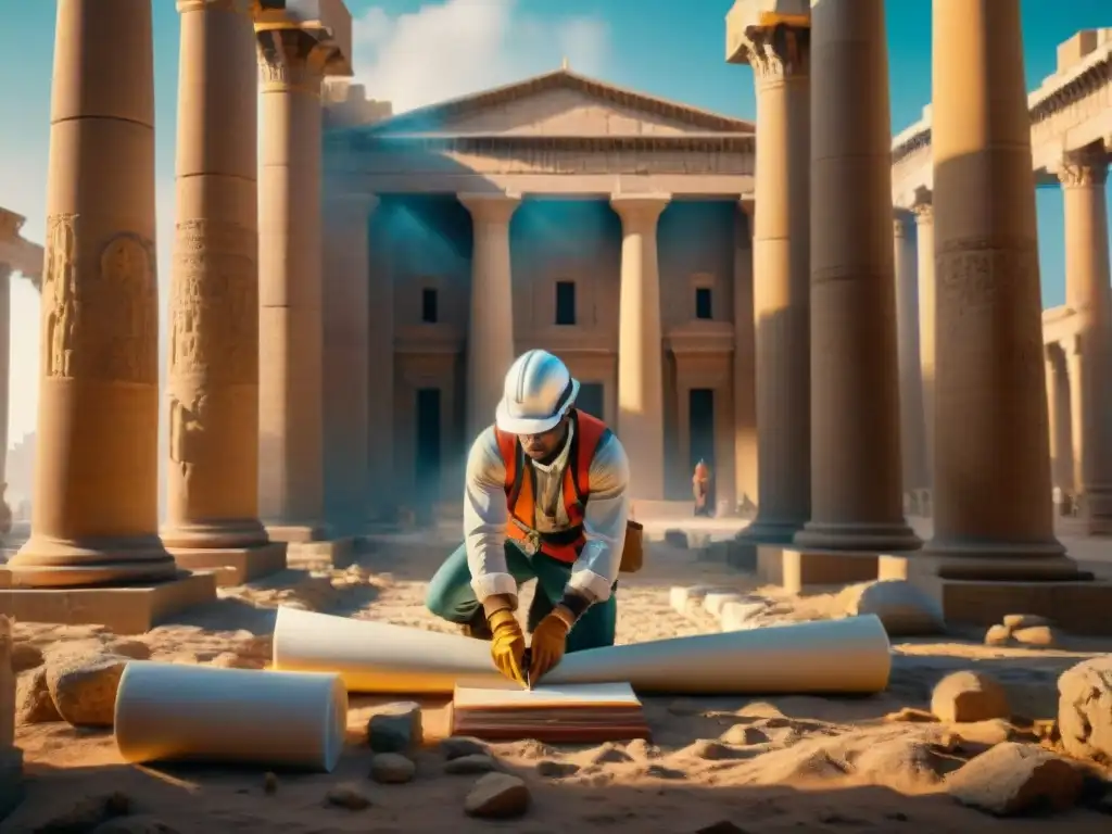 Equipo de arqueólogos modernos excavando sabiduría perdida en la Biblioteca de Alejandría