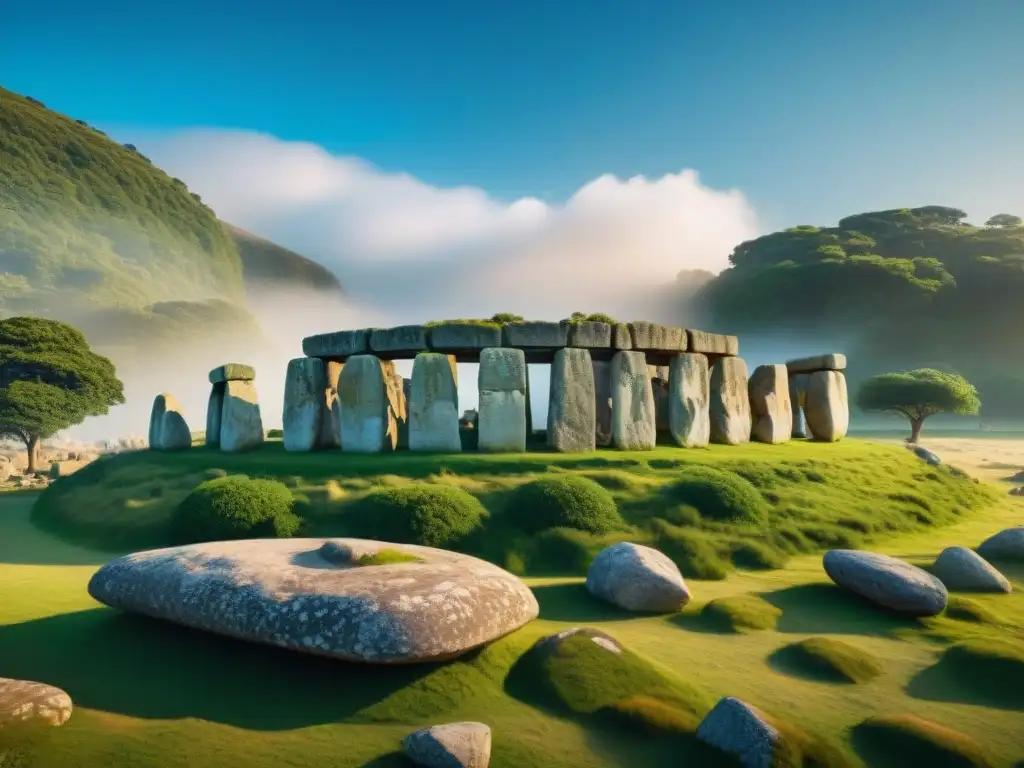 Un equipo de arqueólogos excavando un monumento megalítico rodeado de vegetación exuberante y bajo un cielo azul