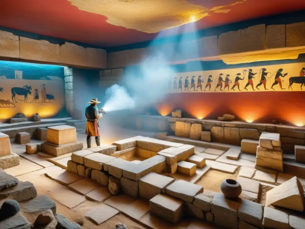 Equipo de arqueólogos excavando en el Palacio de Knossos, rodeados de artefactos y frescos minoicos