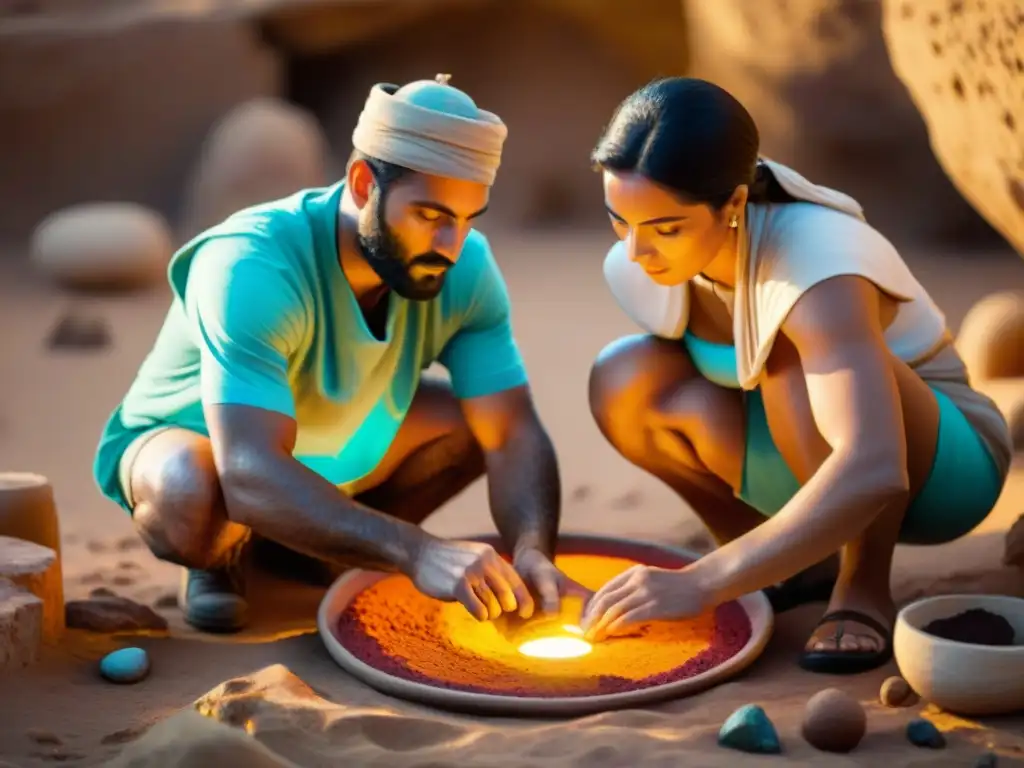 Un equipo de arqueólogos excavando una paleta fenicia con colores vibrantes y símbolos antiguos, resaltando la herencia fenicia en la paleta