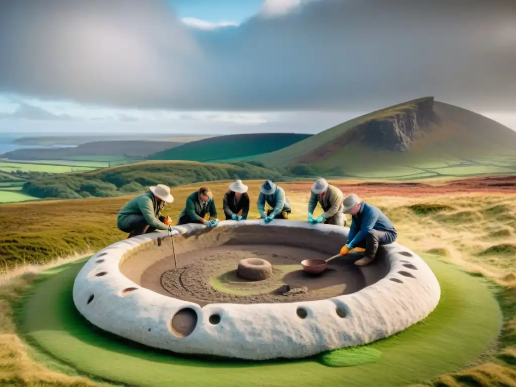 Equipo de arqueólogos excavando pieza neolítica en Anillo de Brodgar, Escocia