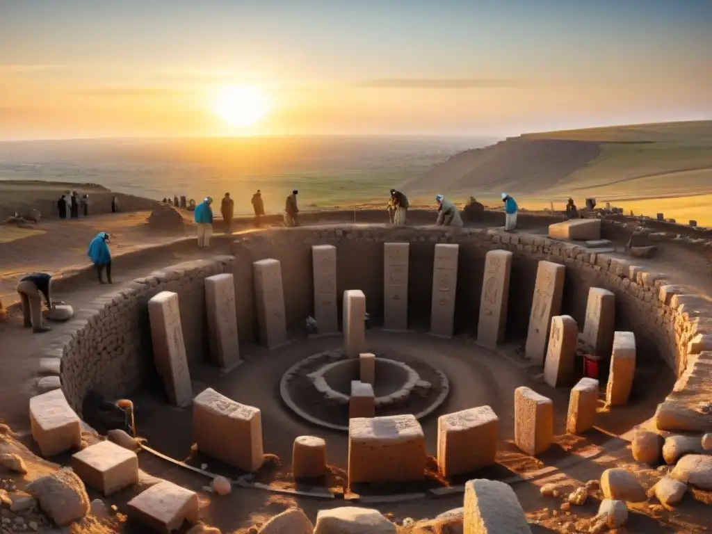 Equipo de arqueólogos desenterrando pilares en Göbekli Tepe al amanecer