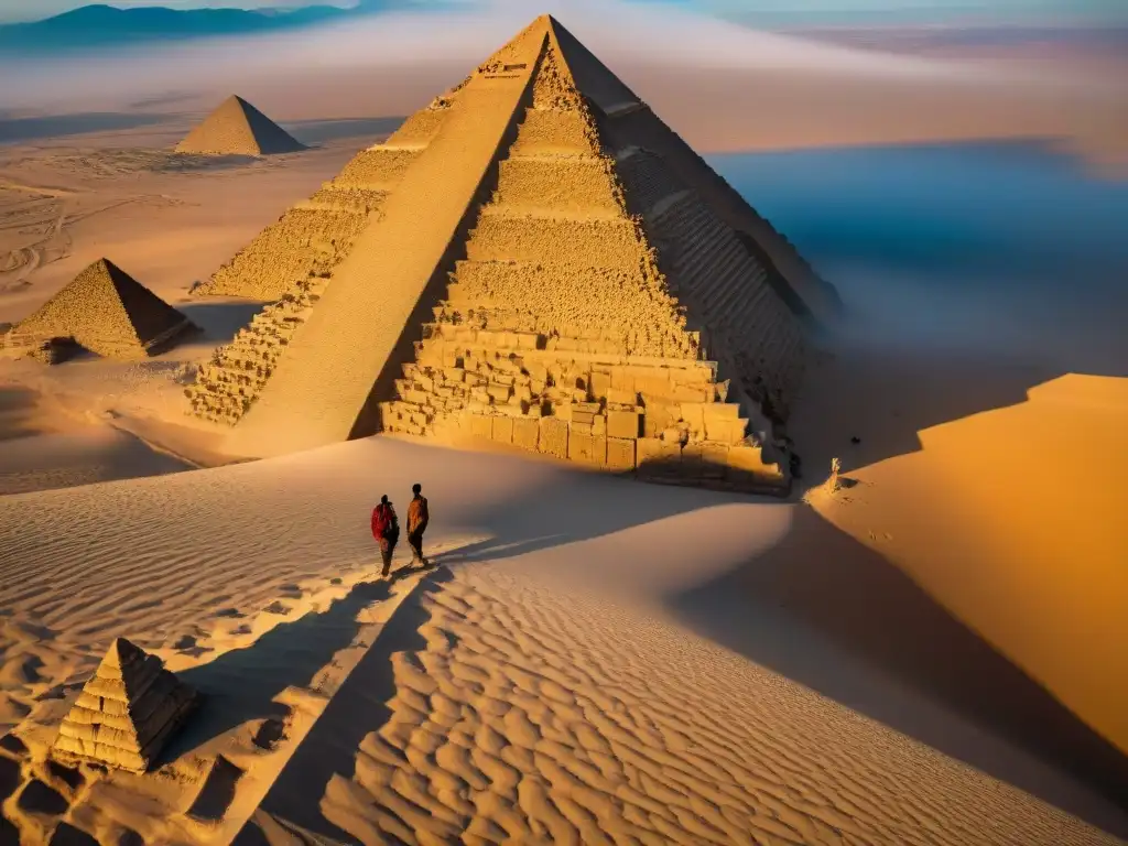 Un equipo de arqueólogos excava una pirámide antigua al atardecer, destacando los detalles en piedra