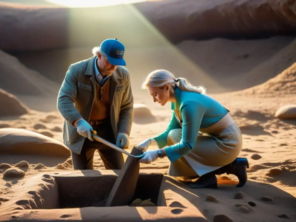 Equipo de arqueólogos excavando con un psíquico concentrado, fusionando ciencia y espiritualidad en un amanecer dorado