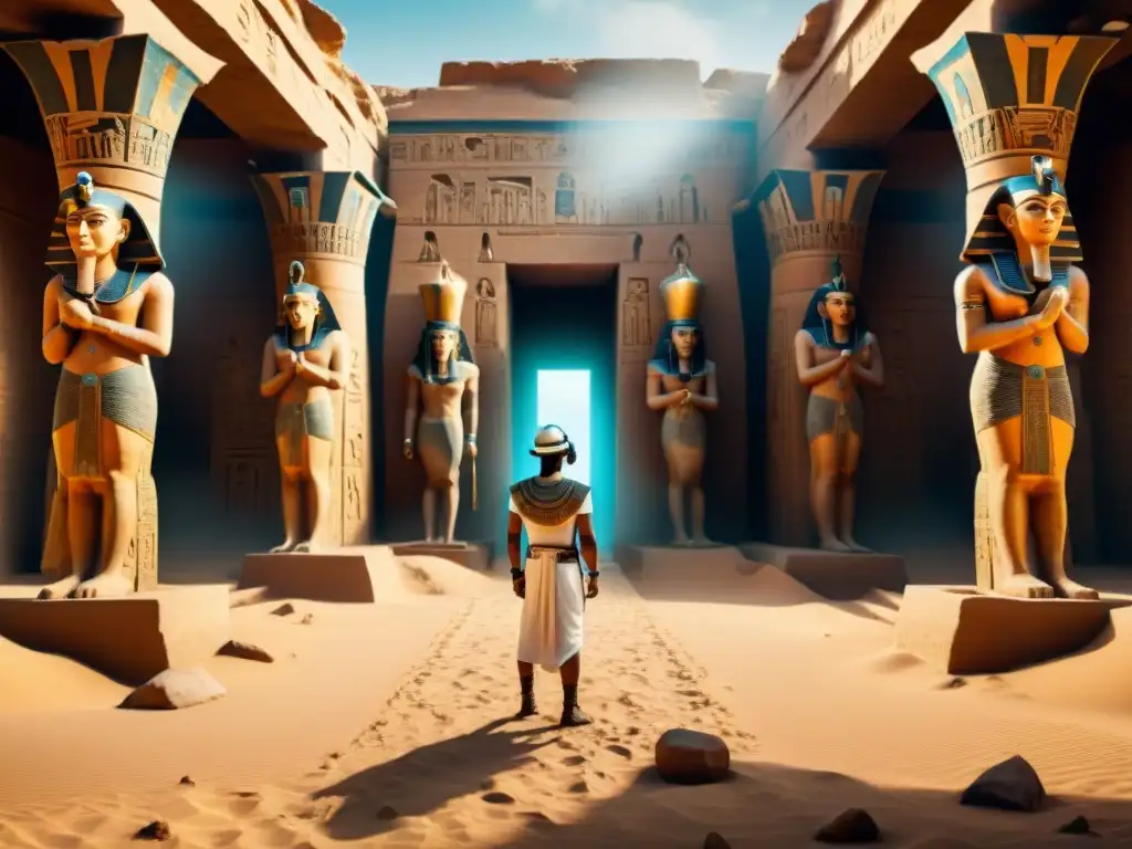 Equipo de arqueólogos en Realidad virtual en el antiguo Egipto, explorando un templo egipcio