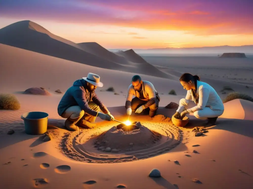 Un equipo de arqueólogos descubre reliquias antiguas en un sitio remoto al atardecer