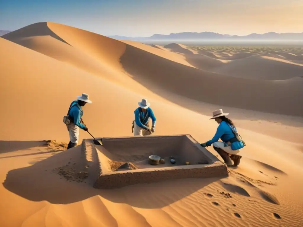 Equipo de arqueólogos excavando reliquias antiguas en un desierto remoto